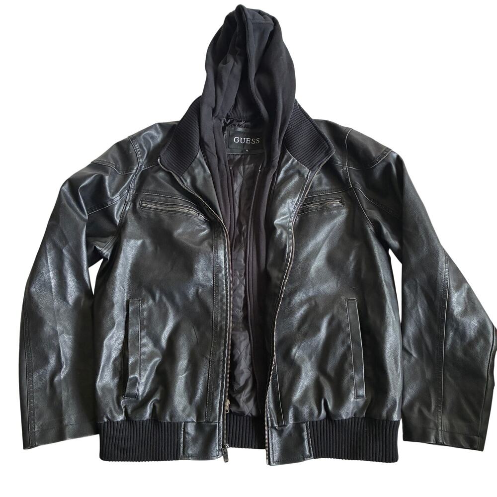 Guess Bomber Jacket Mens XXL Black Faux Leather Hooded Quilted Lining Moto Biker